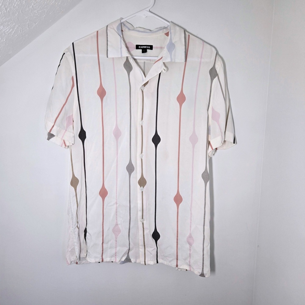 Express Womens Abstract Geometric Stripe Short Sleeve Button Up Shirt White M